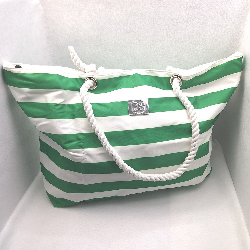 Bang & Carsen Tote Bag Large Green Striped Rope Handle Nautical Beach Resort - Picture 1 of 12